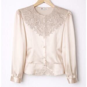 50s Vintage 100% China Silk Champagne Romantic Satin Lace Trim Blouse Size 34